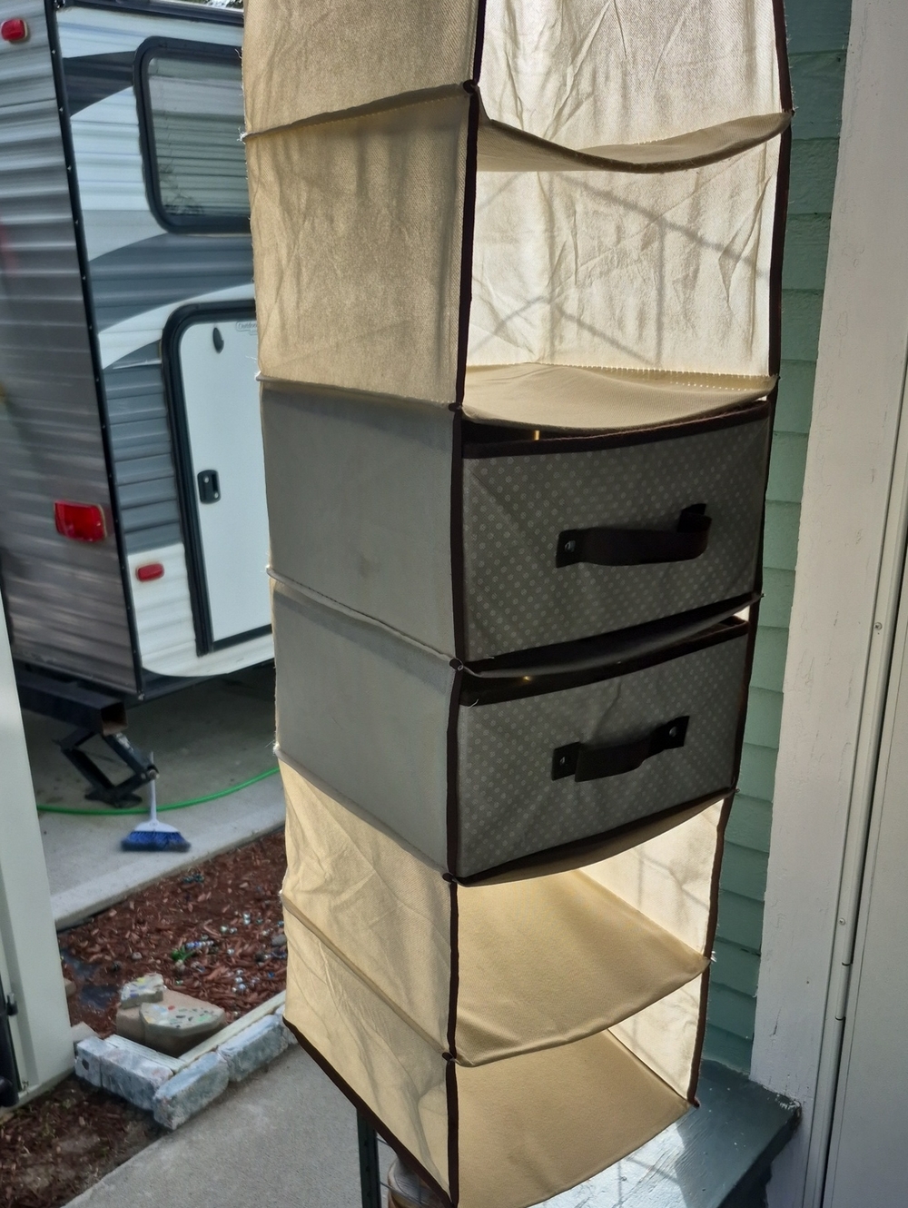 Hanging Fabric Closet Organizer with Beige and Gray Storage Drawers